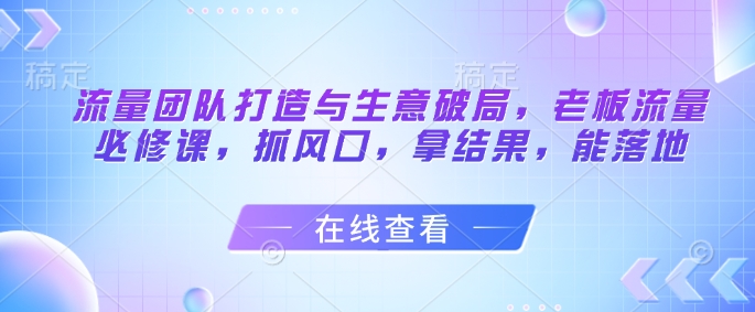 流量团队打造与生意破局，老板流量必修课，抓风口，拿结果，能落地-沐涵网络科技