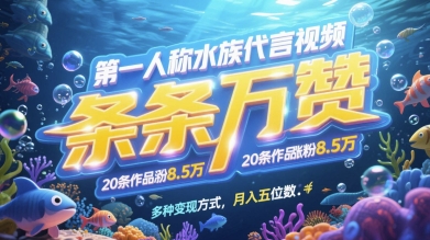 第一人称水族代言视频，条条万赞，20条作品涨粉7.8W，多种变现方式月入五位数-沐涵网络科技