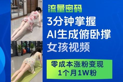 3分钟掌握AI生成俯卧撑女孩视频，零成本涨粉变现，1个月1W粉-沐涵网络科技