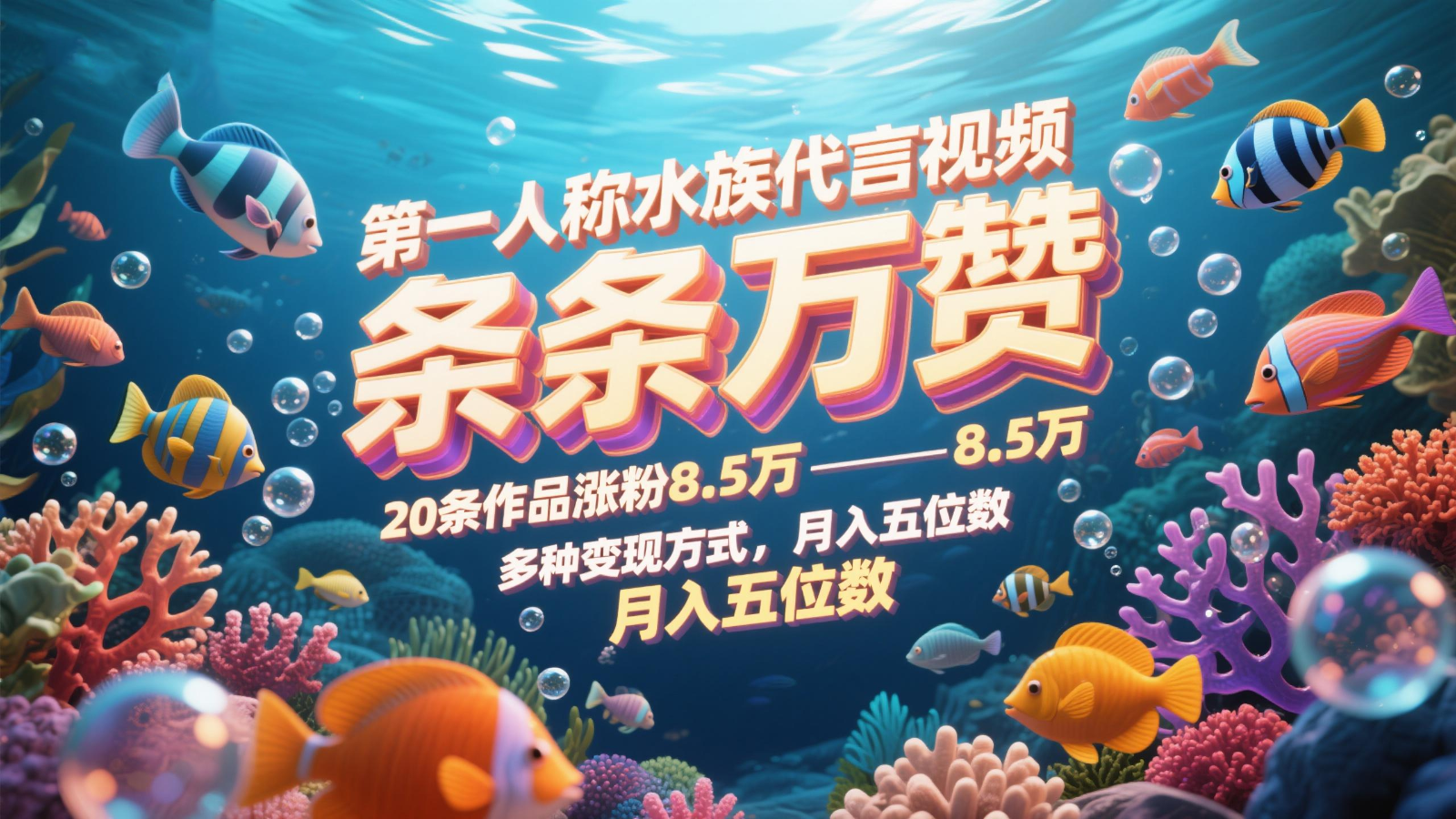 第一人称水族代言视频，条条万赞，20条作品涨粉8.5万，多种变现方式月，入五位数-沐涵网络科技