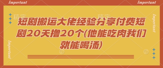 短剧搬运大佬经验分享付费短剧20天撸20个(他能吃肉我们就能喝汤)-沐涵网络科技